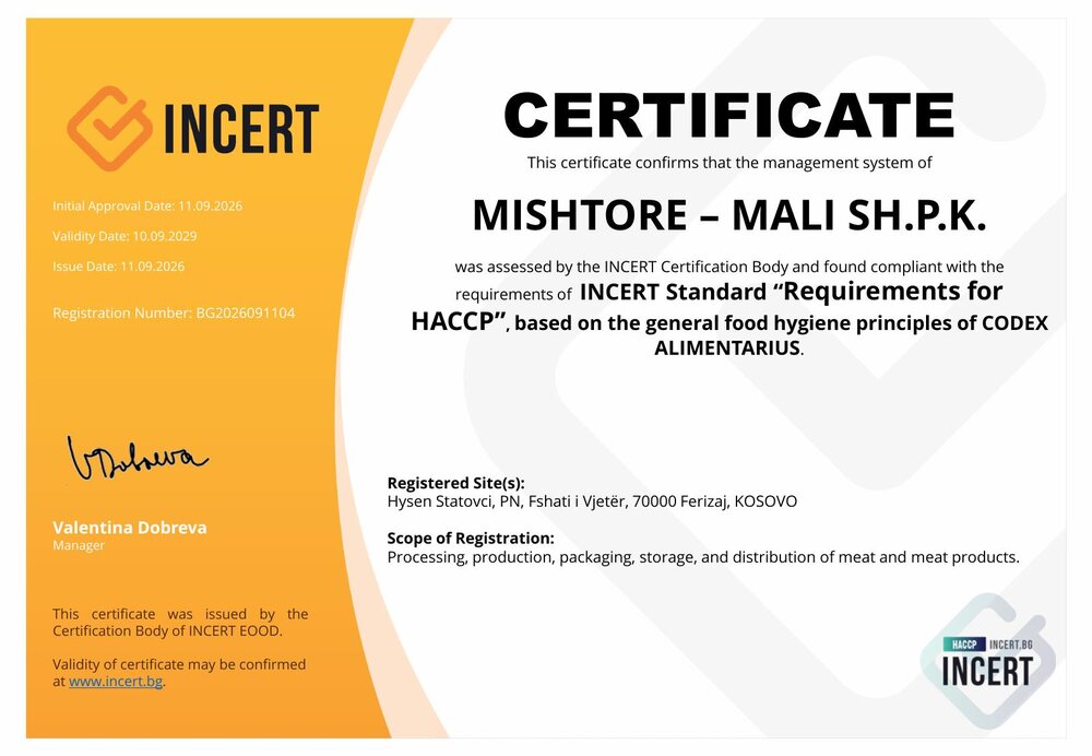 HACCP certificate issued to Mishtore - Mali SH.P.K.