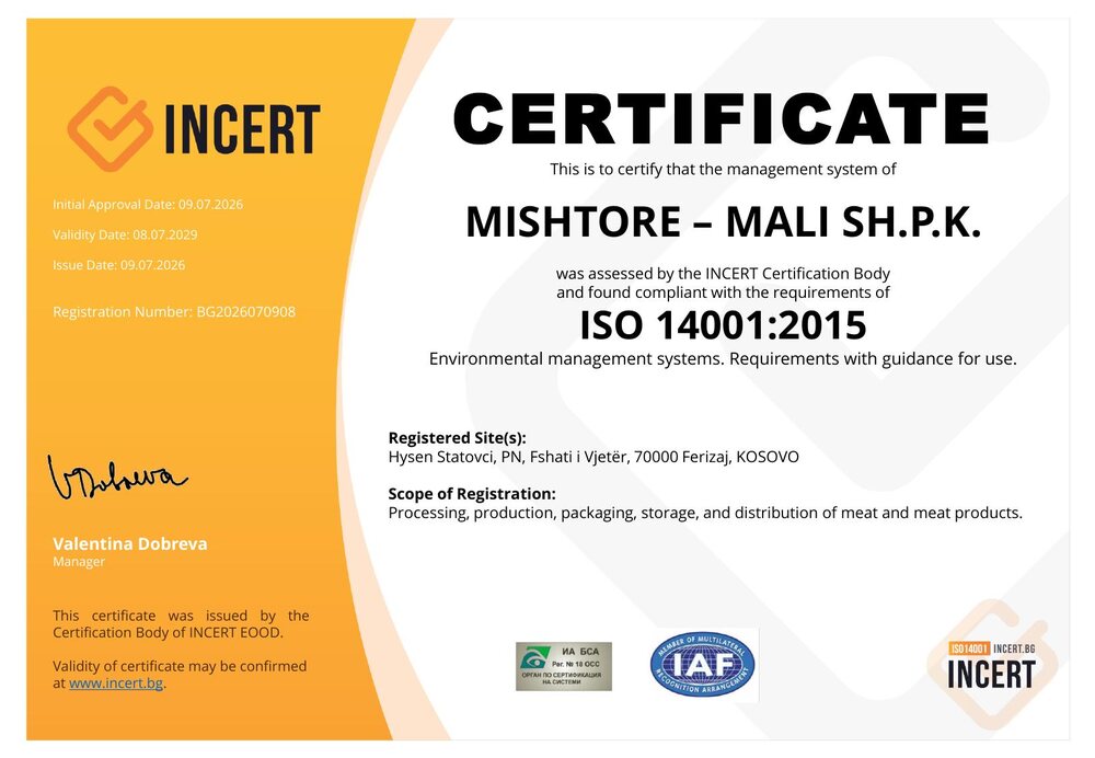 ISO 14001:2015 certificate issued to Mishtore - Mali SH.P.K.