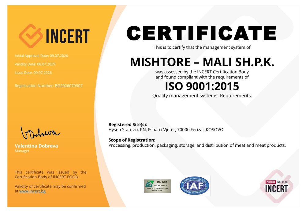 ISO 9001:2015 certificate issued to Mishtore - Mali SH.P.K.